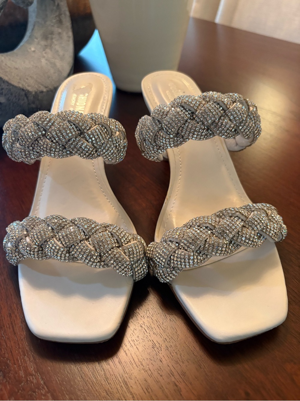 Braided Crystal Double-Strap White Slide Sandals